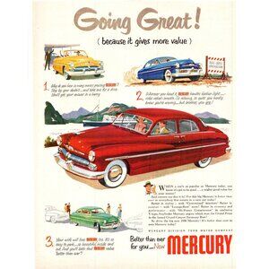 1950 Mercury Sedan and Convertibl Vintage Print Ad Oceanliner Ship 50s Wall Art